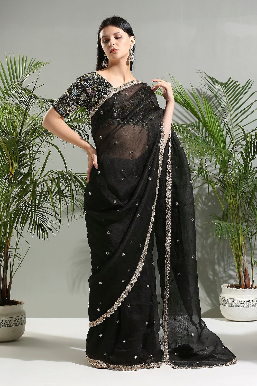 Black Organza Saree and Embroidered Blouse Set - sari outfit