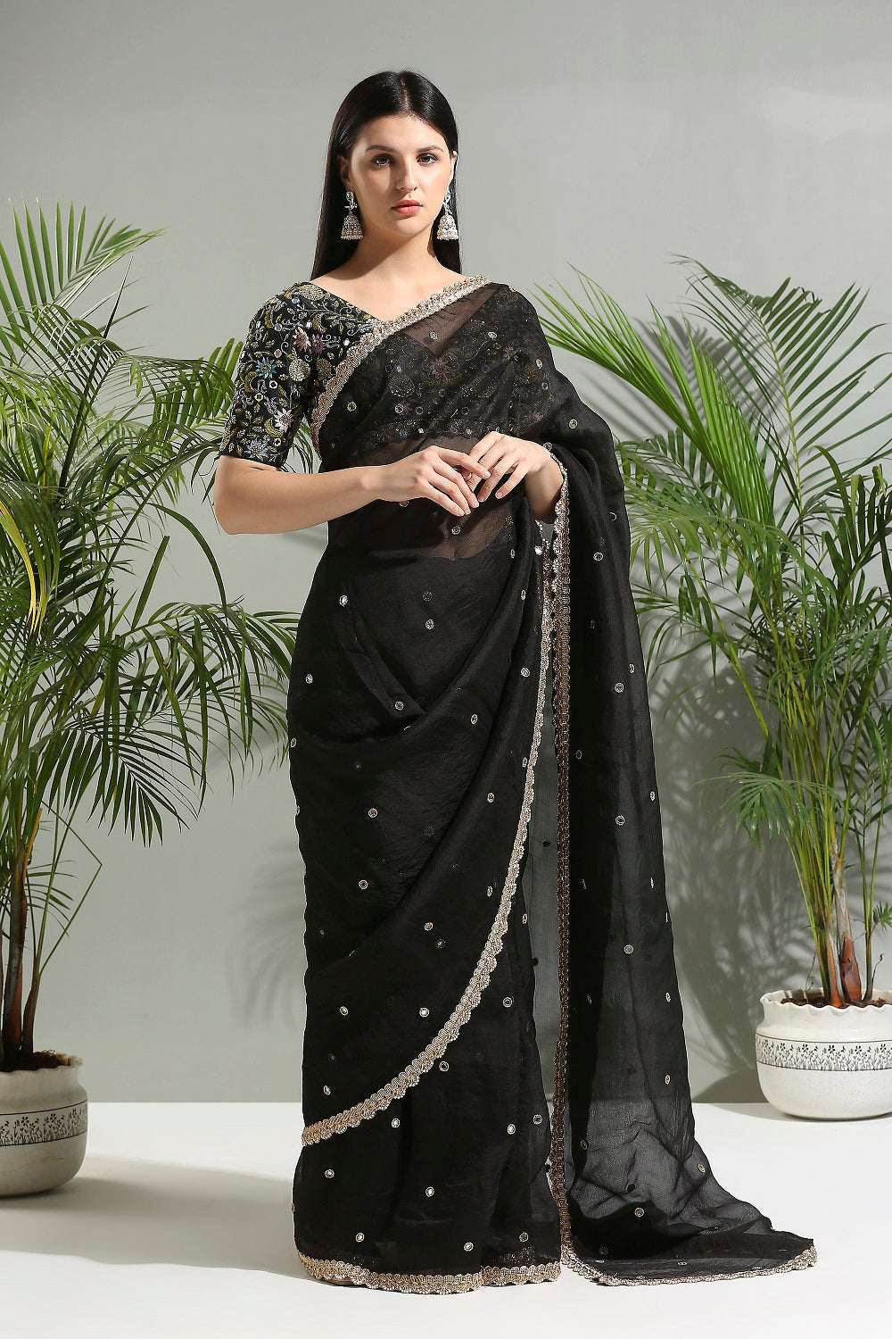 Black Organza Saree and Embroidered Blouse Set - sari outfit