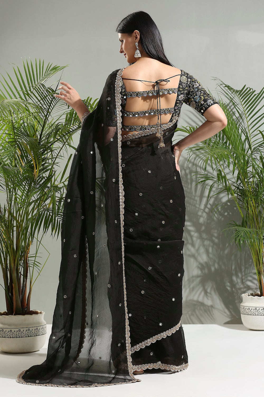 Black Organza Saree and Embroidered Blouse Set - sari outfit