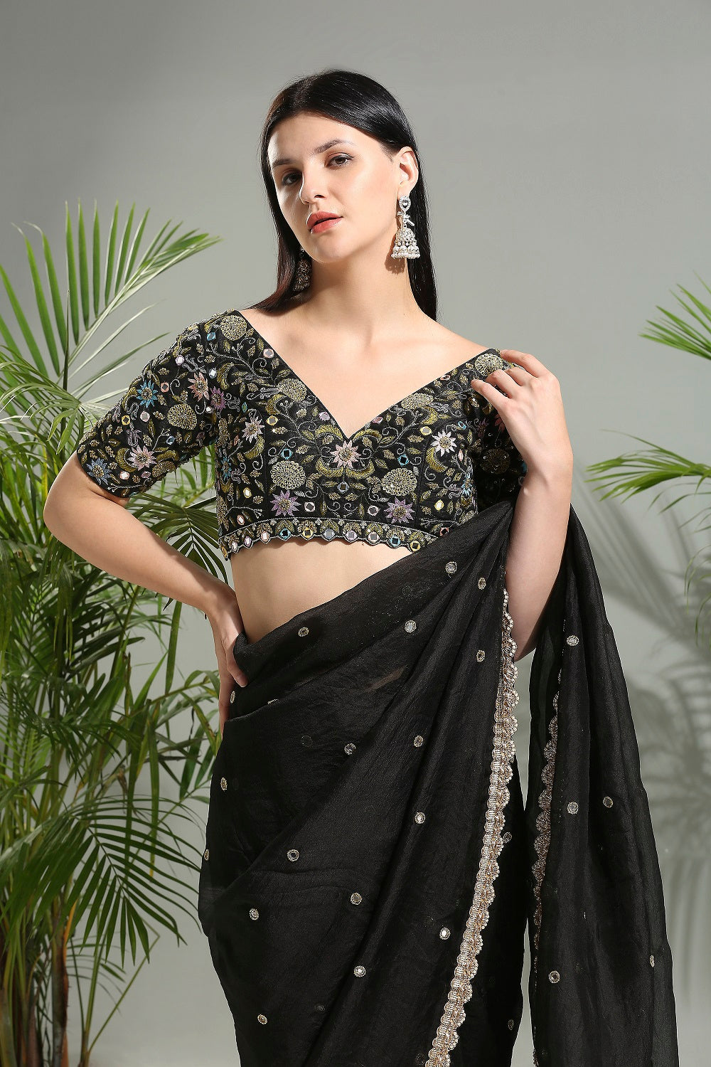 Black Organza Saree and Embroidered Blouse Set - sari outfit