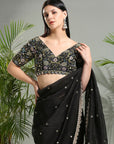 Black Organza Saree and Embroidered Blouse Set - sari outfit