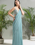 Dusty Blue Jacket and Saree Set - Indian saree outfits