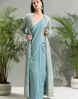 Dusty Blue Jacket and Saree Set - Indian saree outfits
