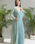 Dusty Blue Jacket and Saree Set - Indian saree outfits