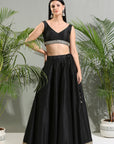 Black Raw Silk Lehenga Set with Hand Painted Dupatta - indian garb women