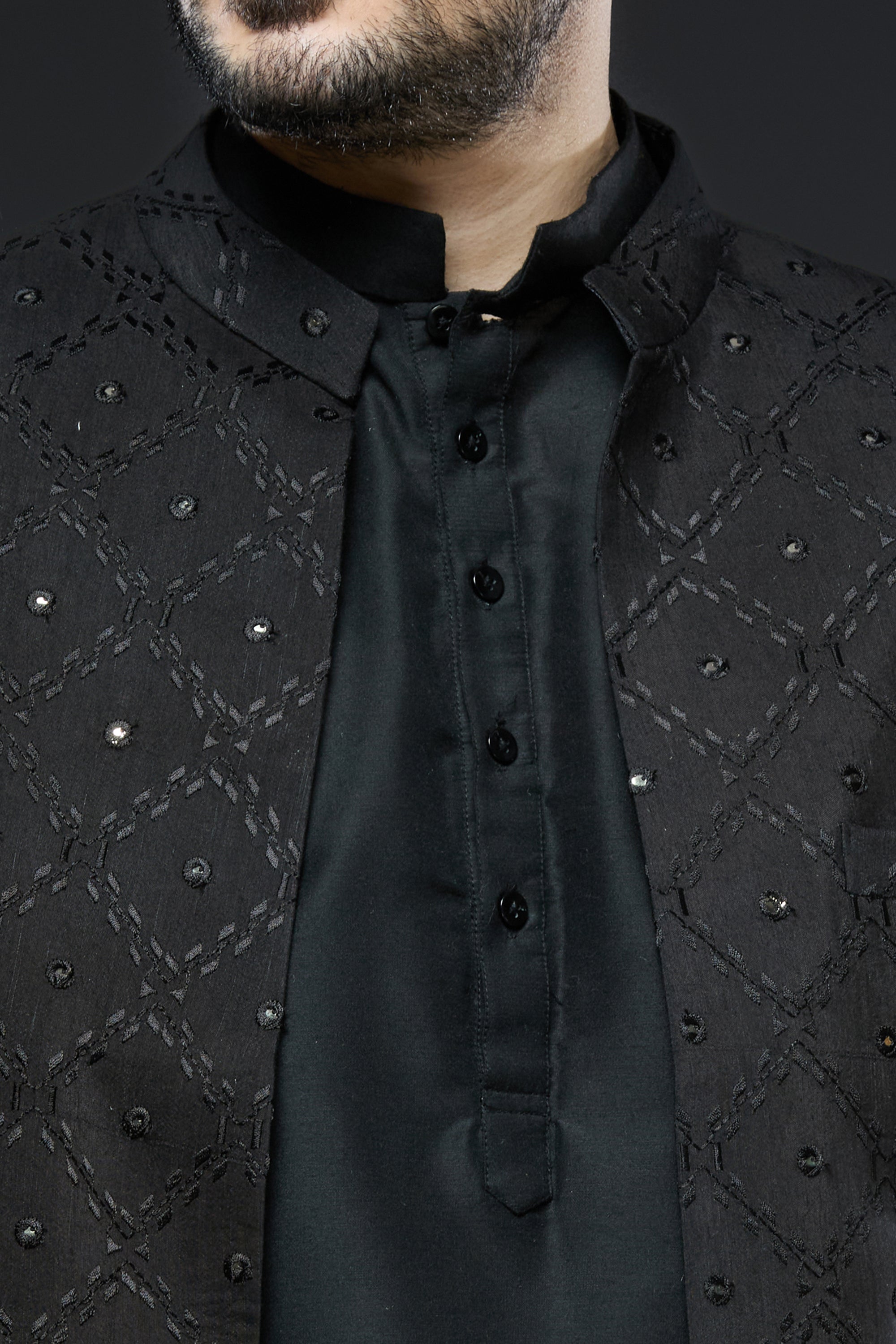 Black Art Mirror and Thread work Sherwani - Mirror work
