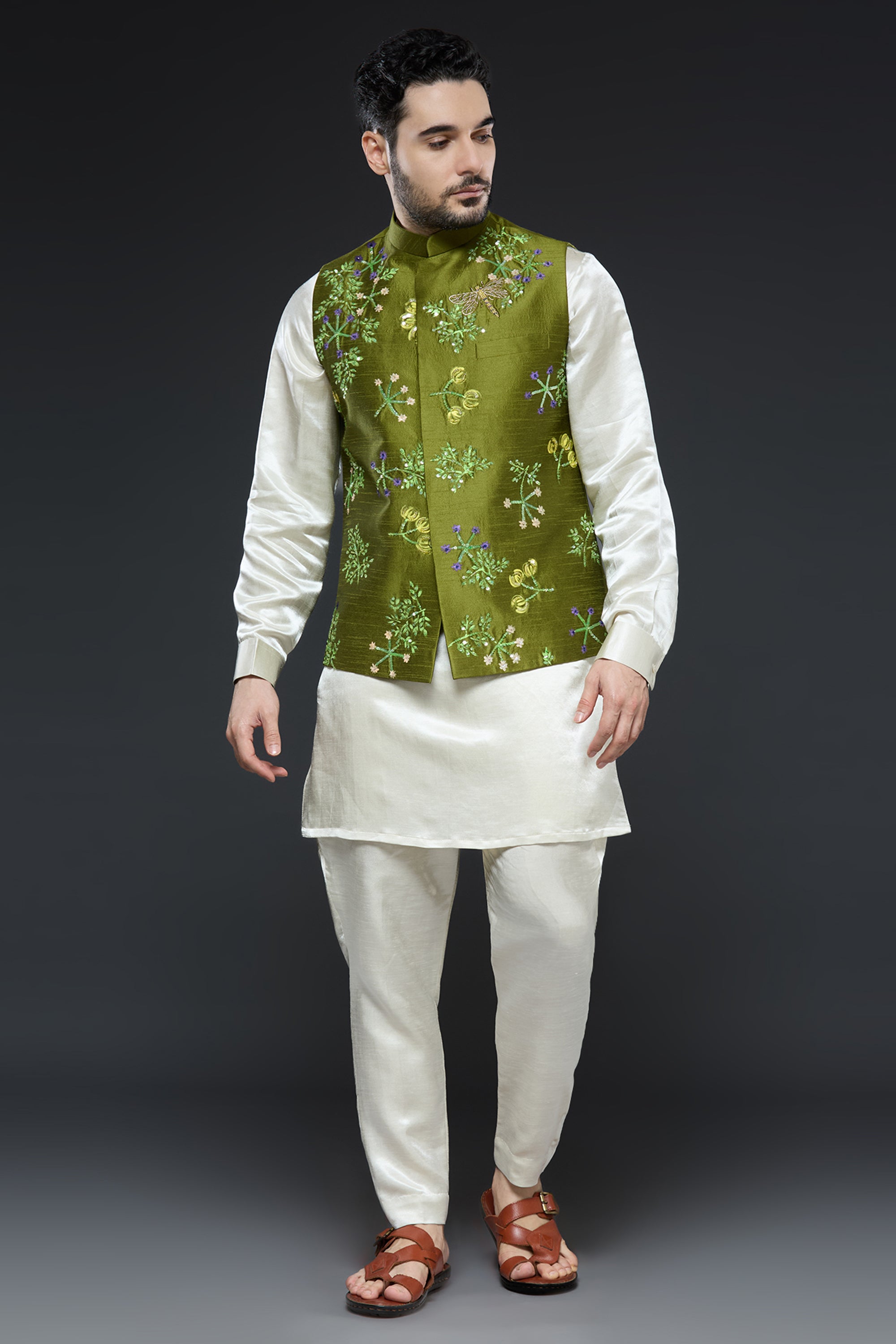 Mehendi Green Linen Tissue Vest Set