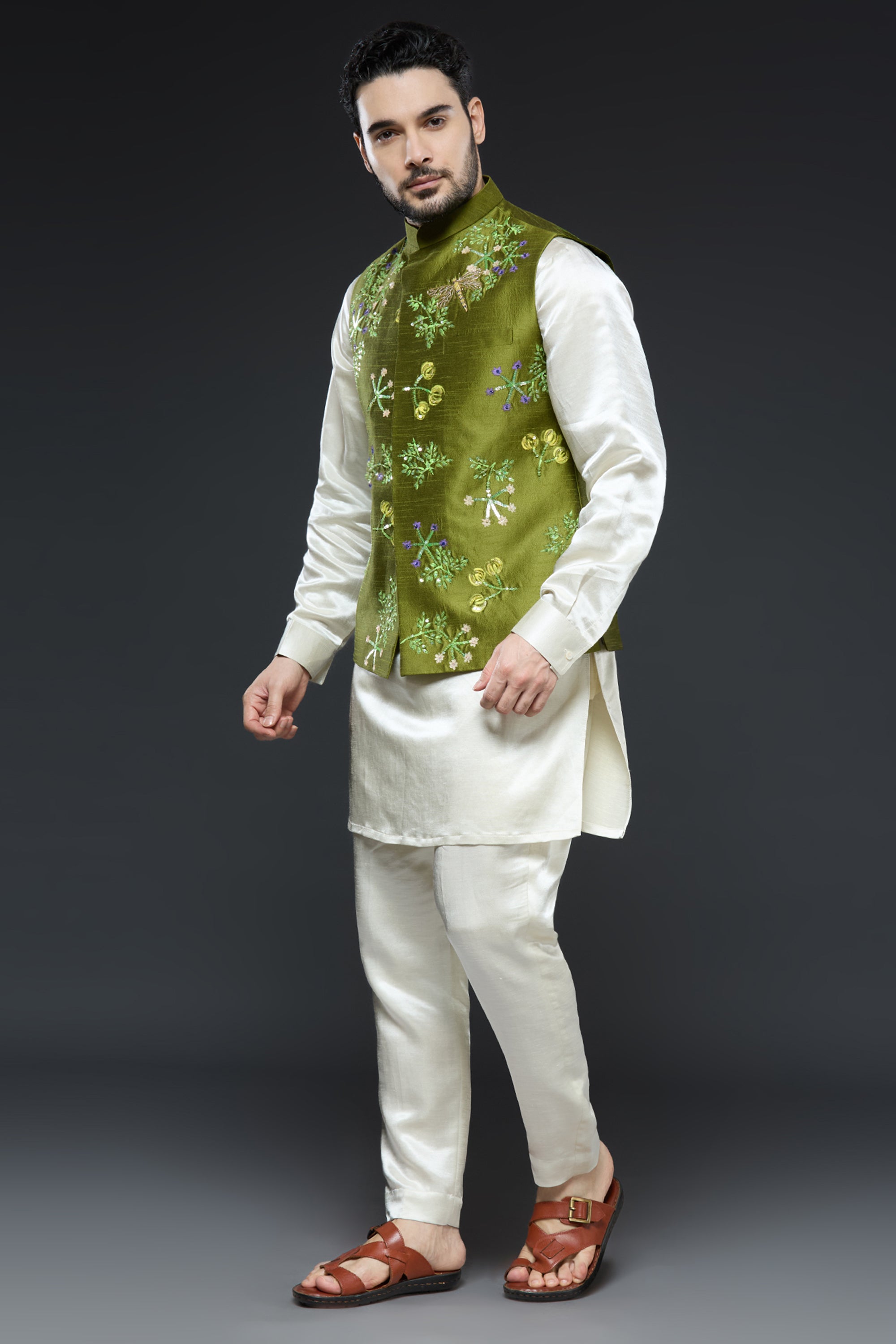 Mehendi Green Linen Tissue Vest Set