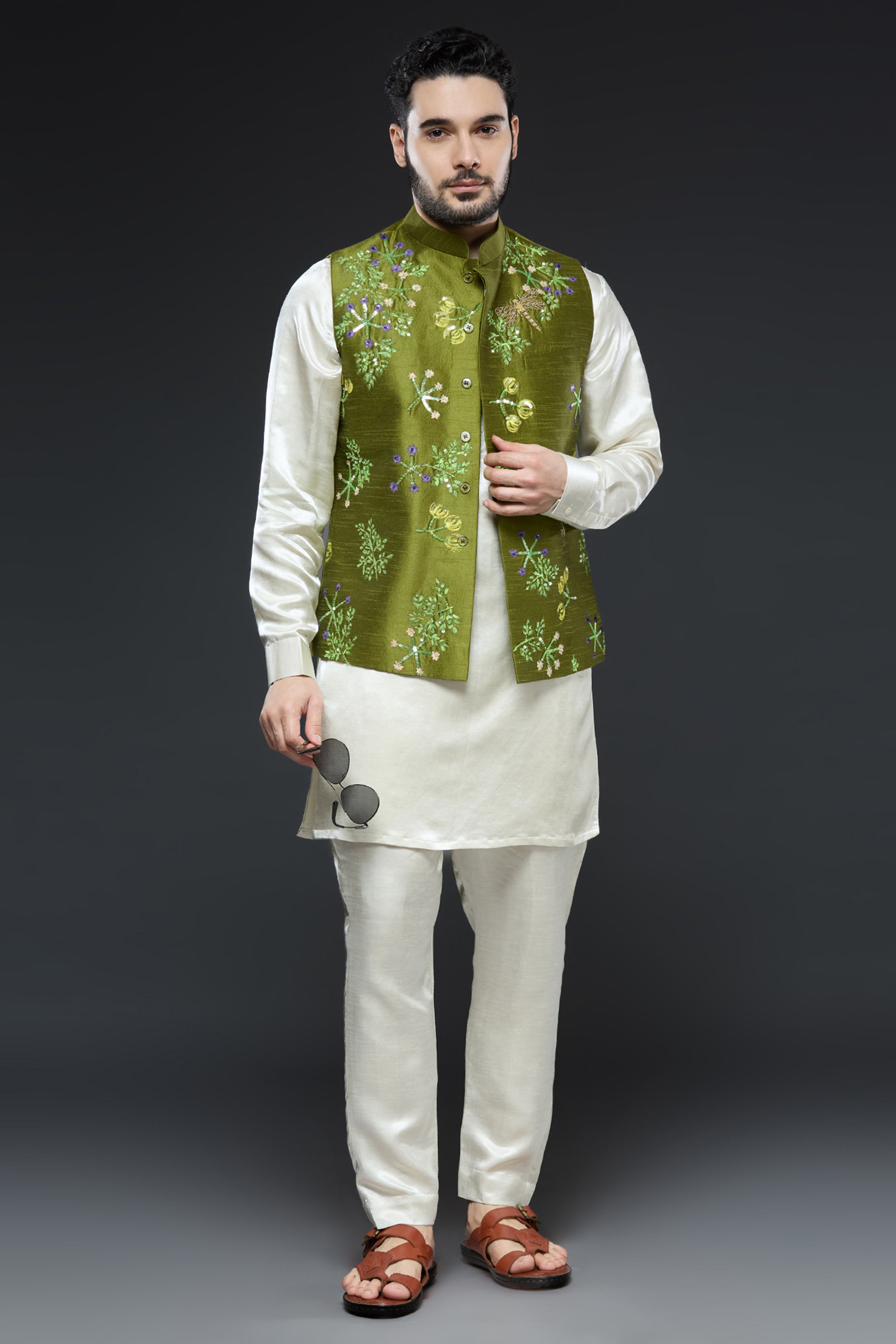 Mehendi Green Linen Tissue Vest Set