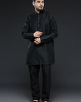 Black Cotton Silk Kurta and Slim Pant Set