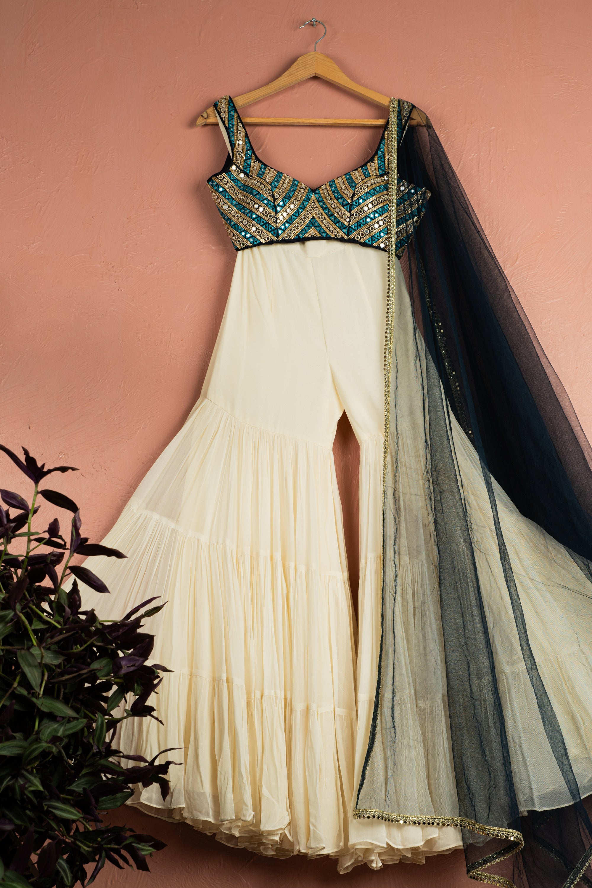 Ivory Midnight Blue Mirror Magic Sharara Set - sharara set USA