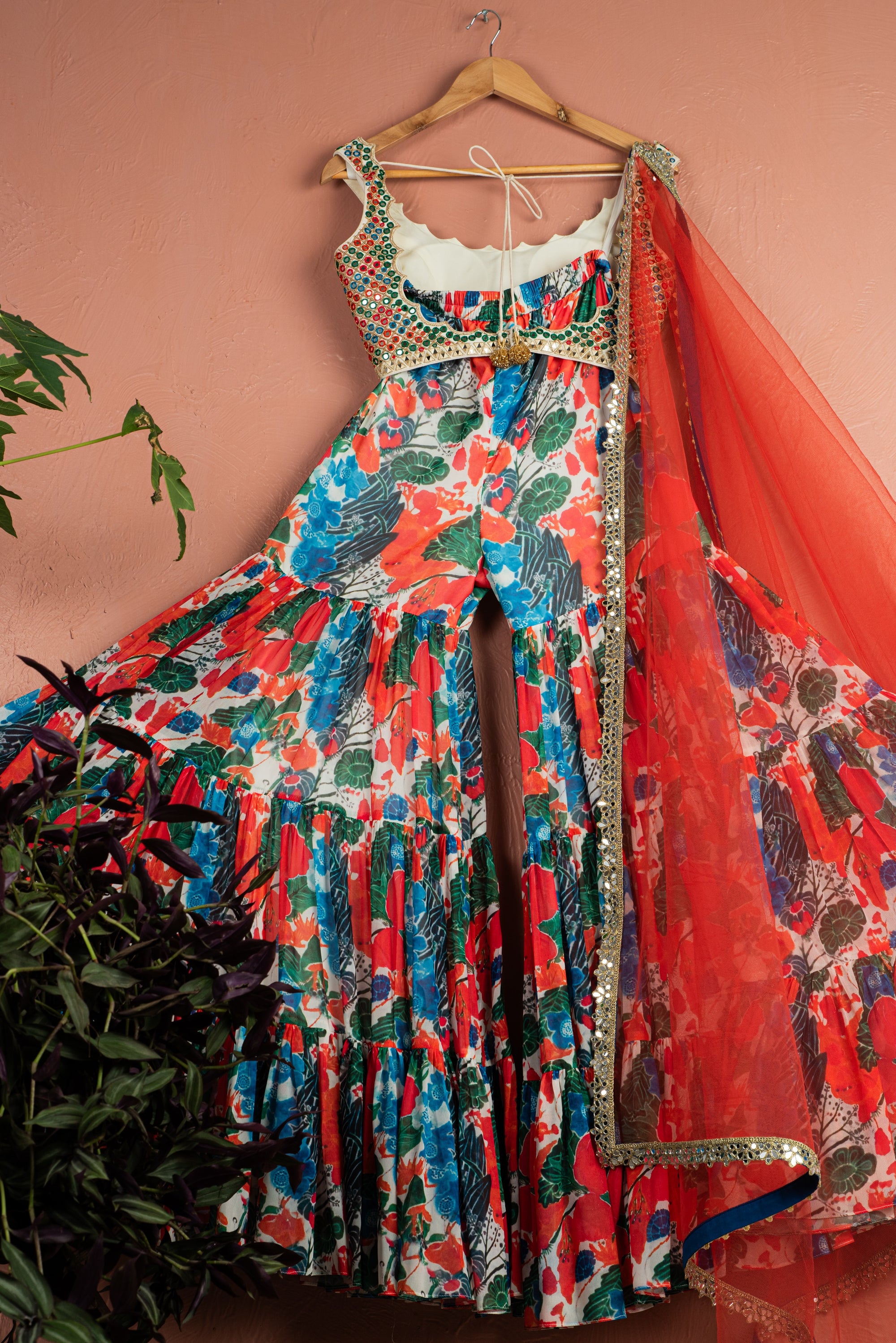 Floral Fiesta Sharara with Kalidescope Mirror Work Blouse Set - floral sharara set Canada