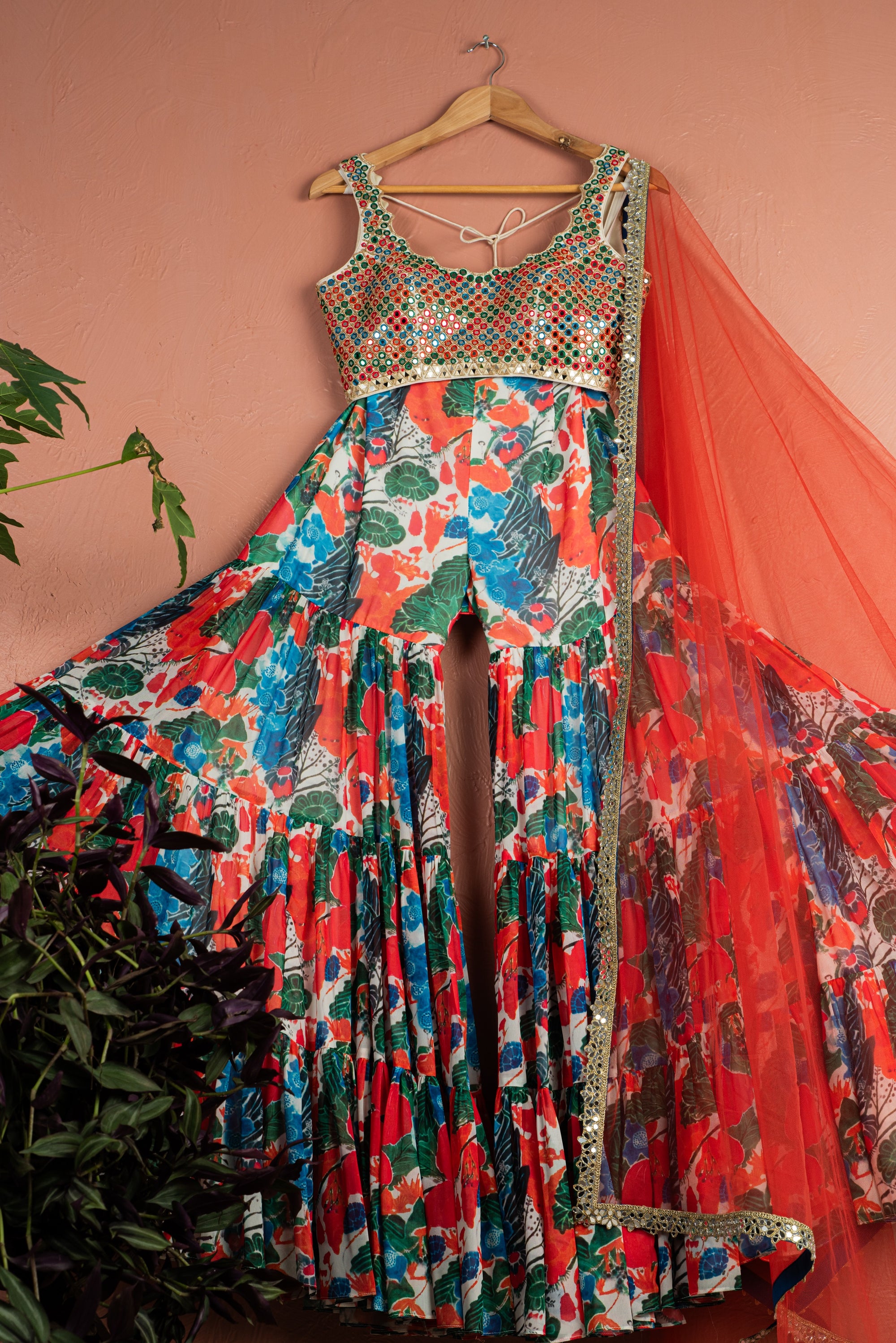 Floral Fiesta Sharara with Kalidescope Mirror Work Blouse Set - floral sharara set Canada