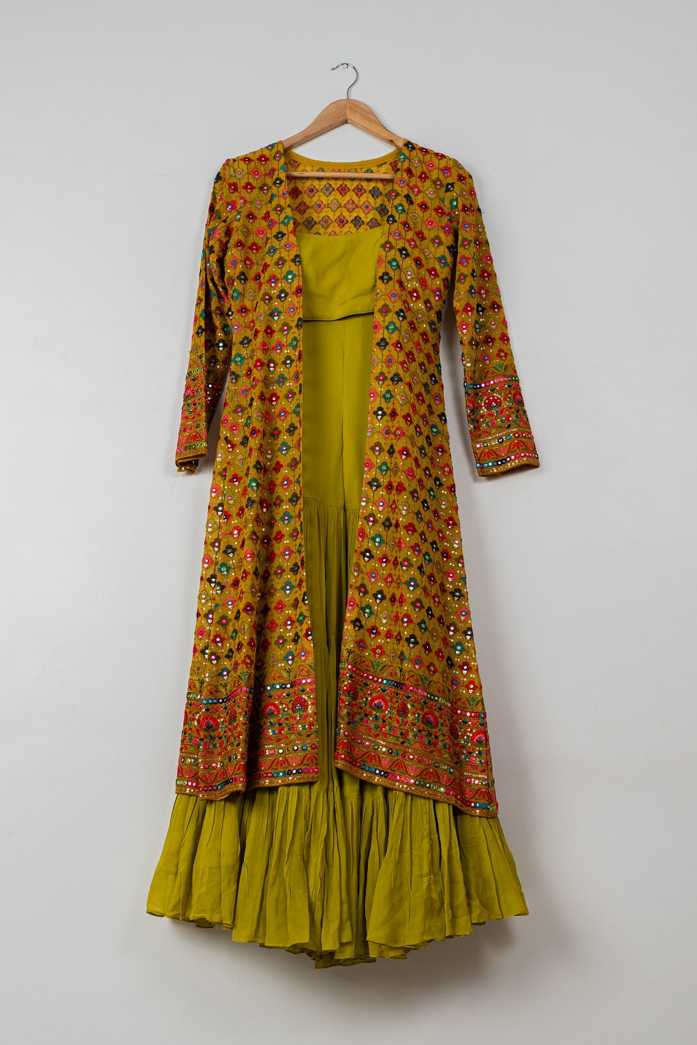 Charteuse Green Sharara with Yellow Multicolor Jacket - indian cloth for women