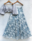 Metallic Puff Sleeve Blouse With Silver Powder Blue Glam Skirt - indian attire USA