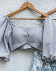 Metallic Puff Sleeve Blouse With Silver Powder Blue Glam Skirt - indian attire USA