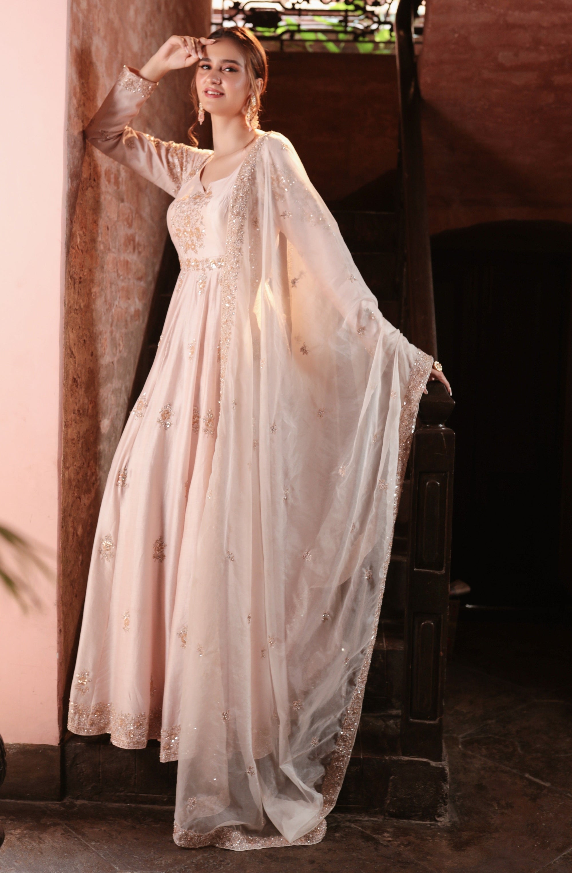 Peach Embroidered Angrakha Gown - peach gown