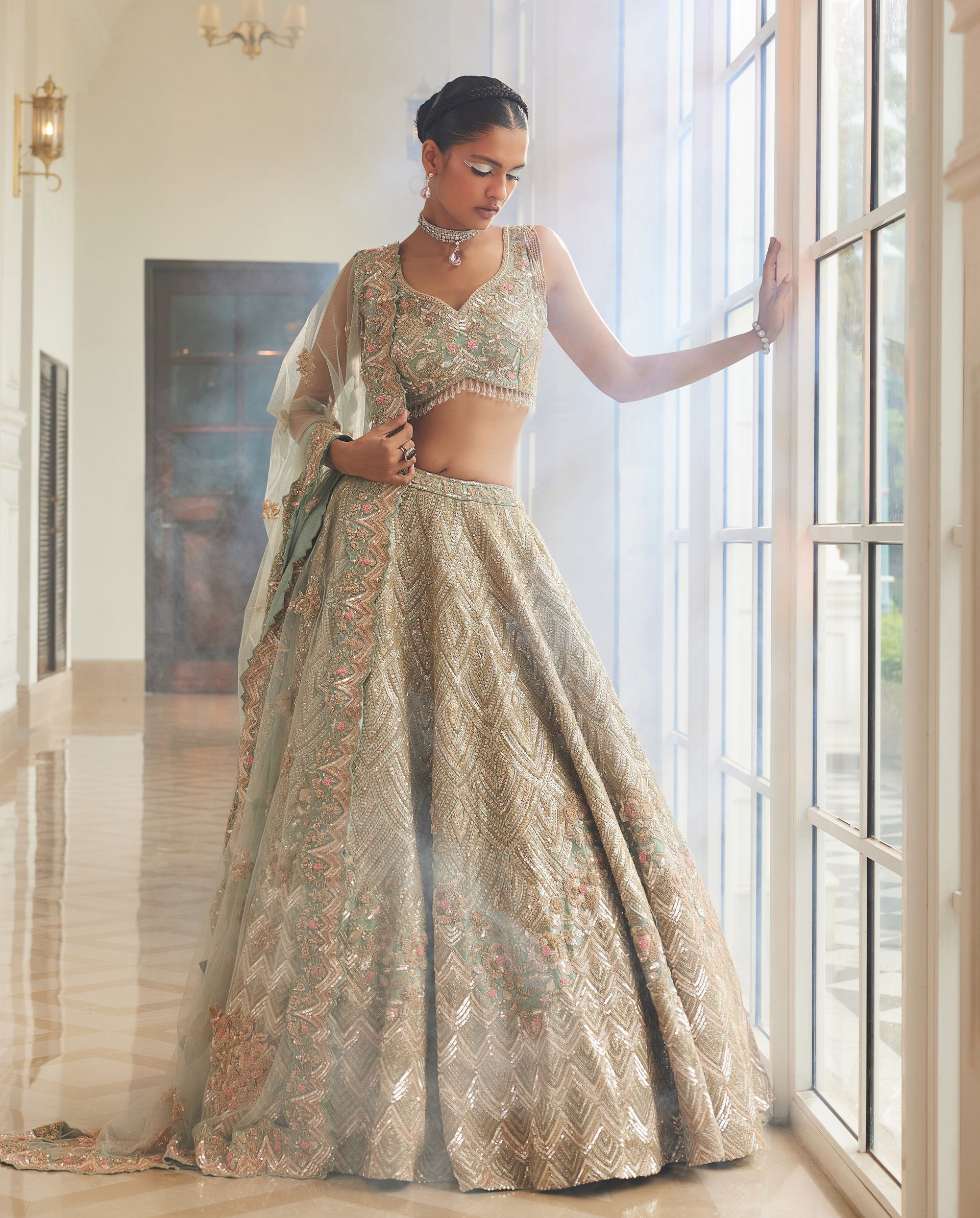 SHELLY Dusty Firoza Embroidered Lehenga - lehenga choli Canada