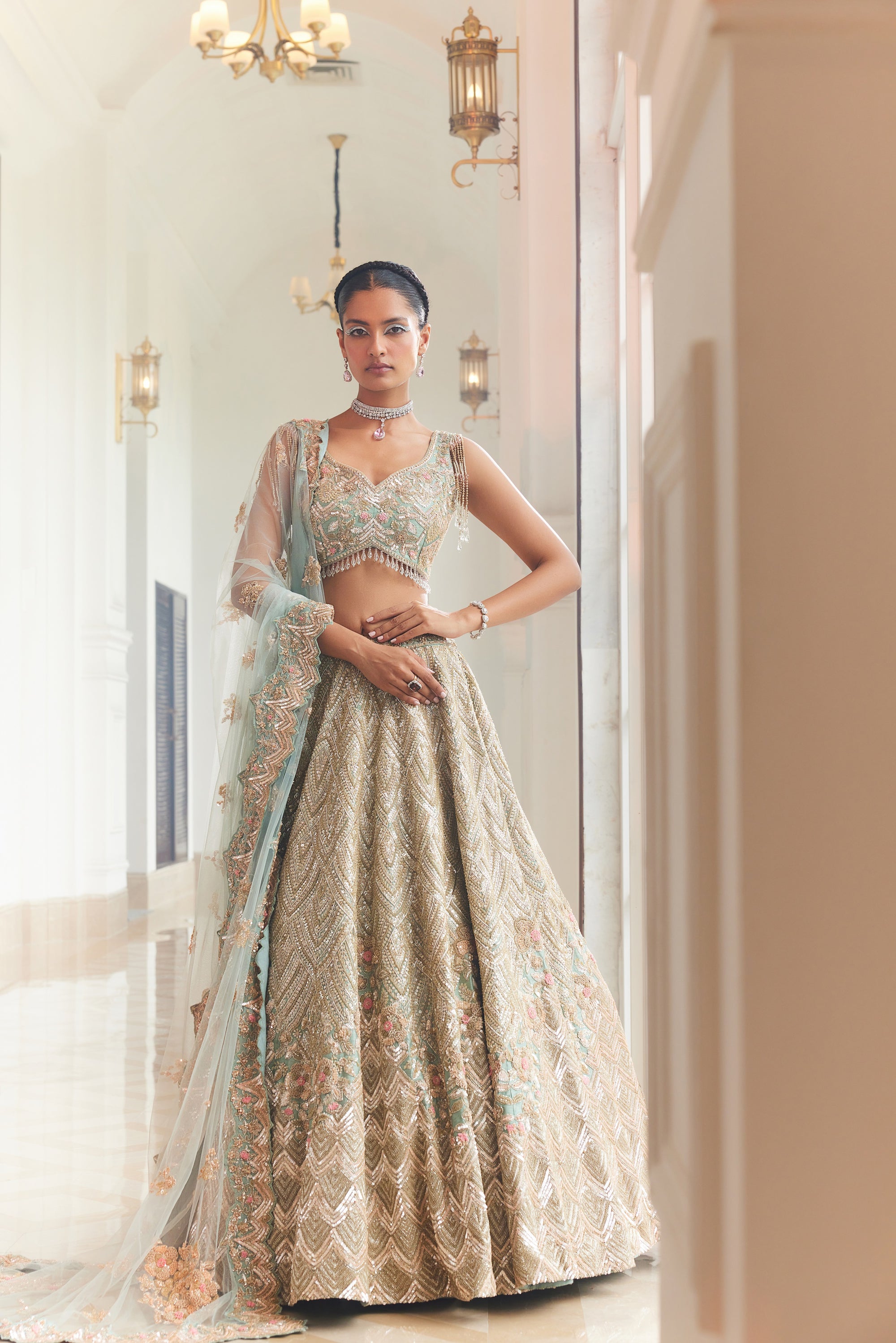 SHELLY Dusty Firoza Embroidered Lehenga - lehenga choli Canada