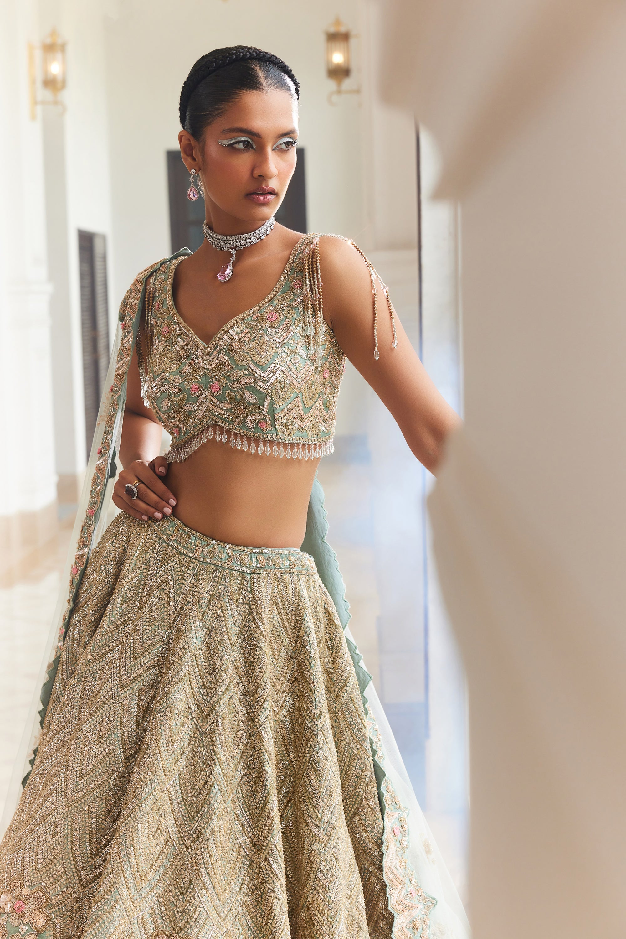 SHELLY Dusty Firoza Embroidered Lehenga - lehenga choli Canada