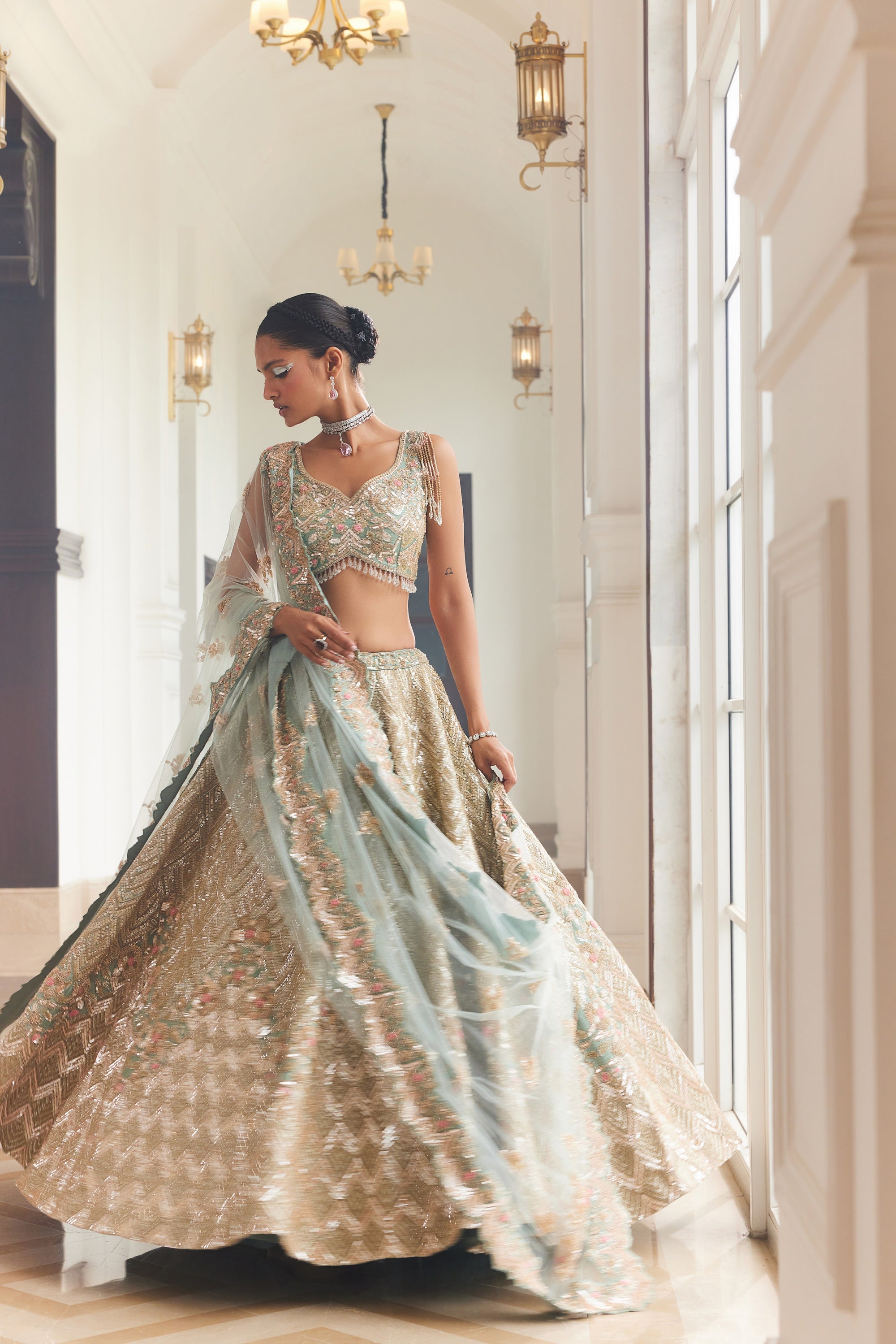SHELLY Dusty Firoza Embroidered Lehenga - lehenga choli Canada