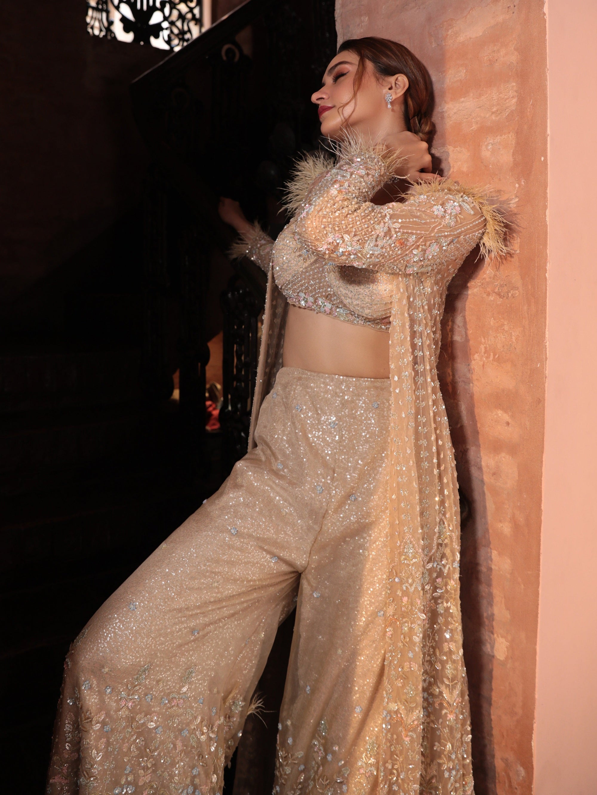 Grey Heavily Embroidered Jacket Sharara - sharara set USA