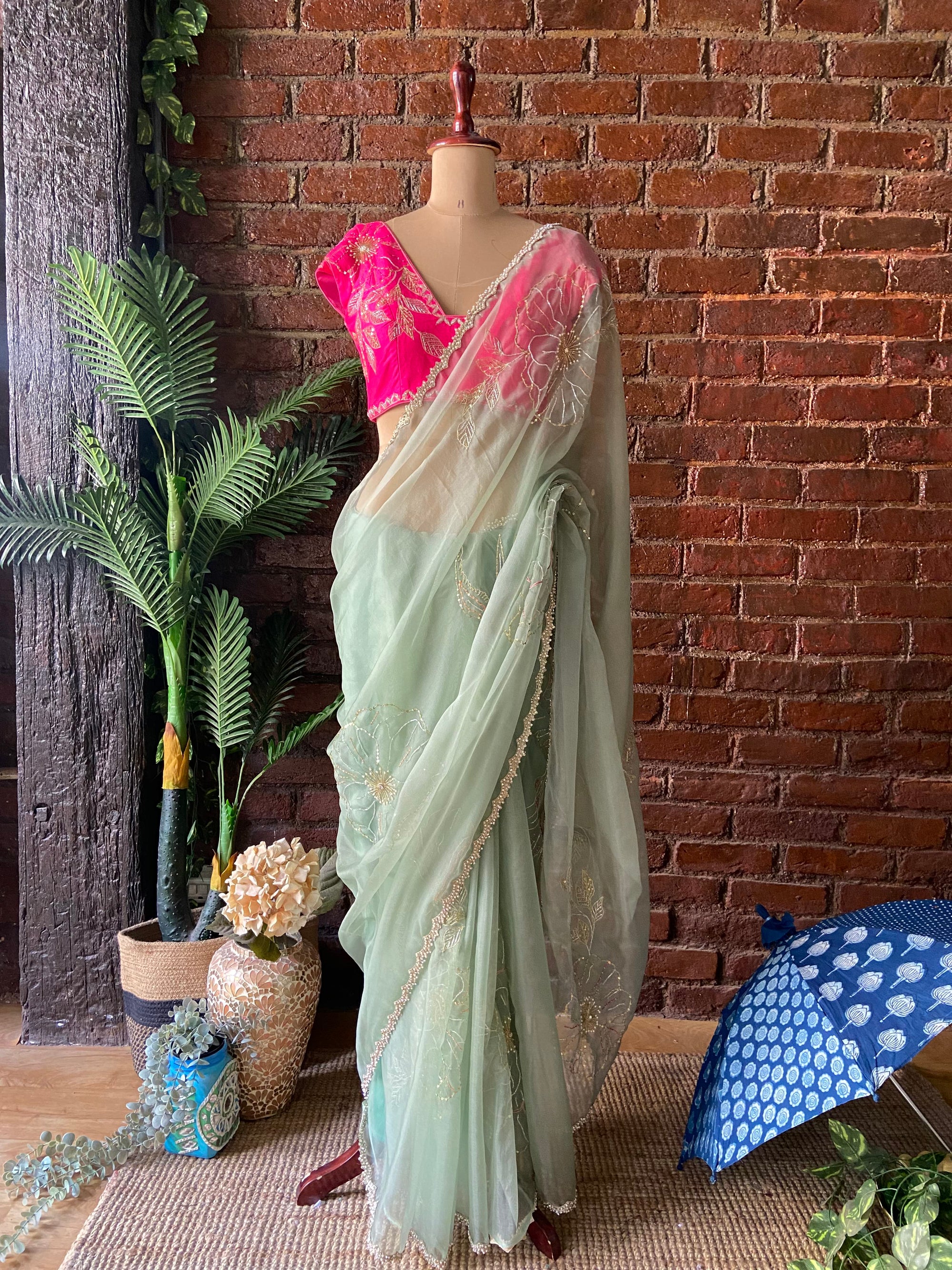 Sage Green Organza Embroidered Saree