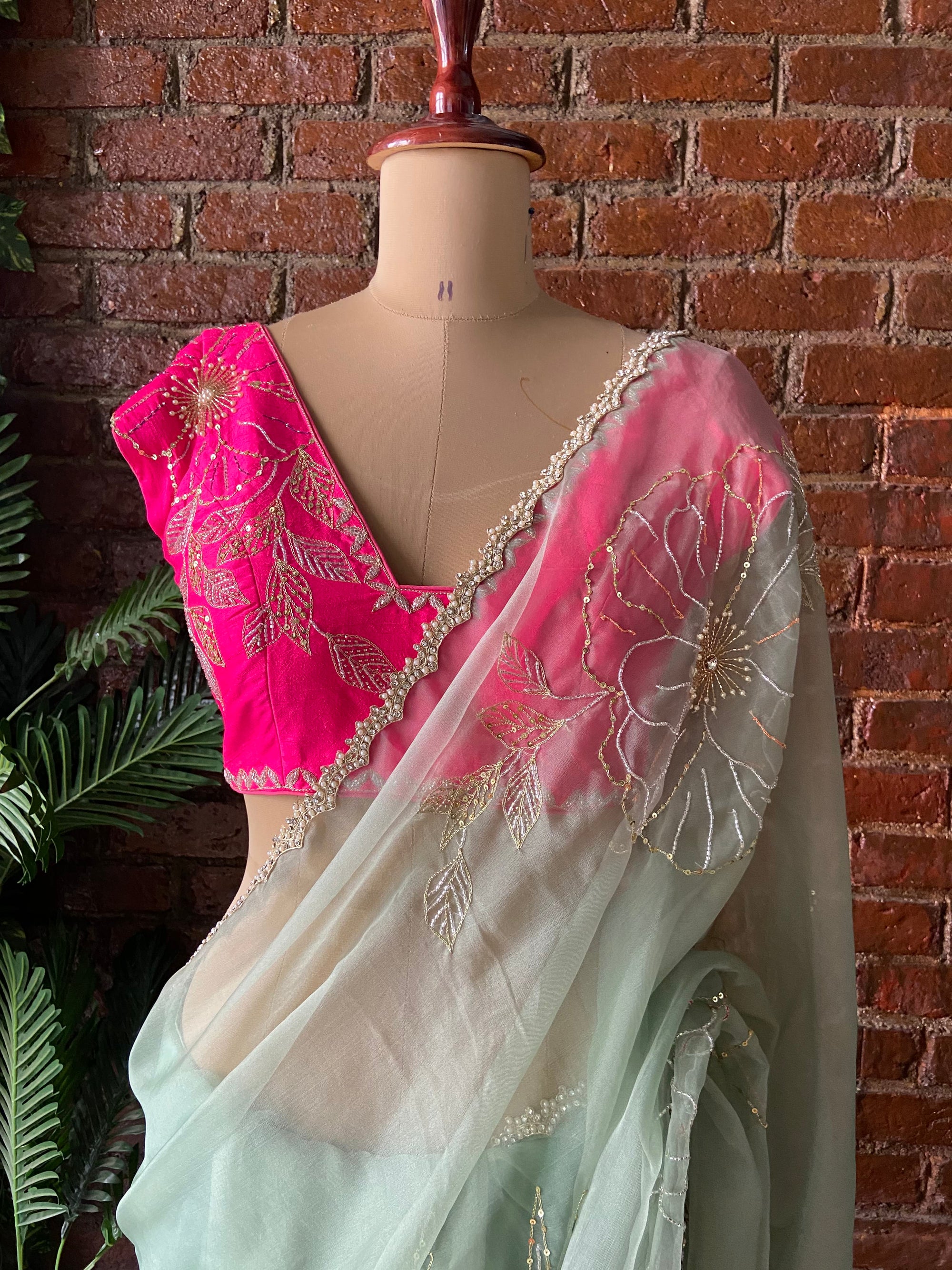 Sage Green Organza Embroidered Saree