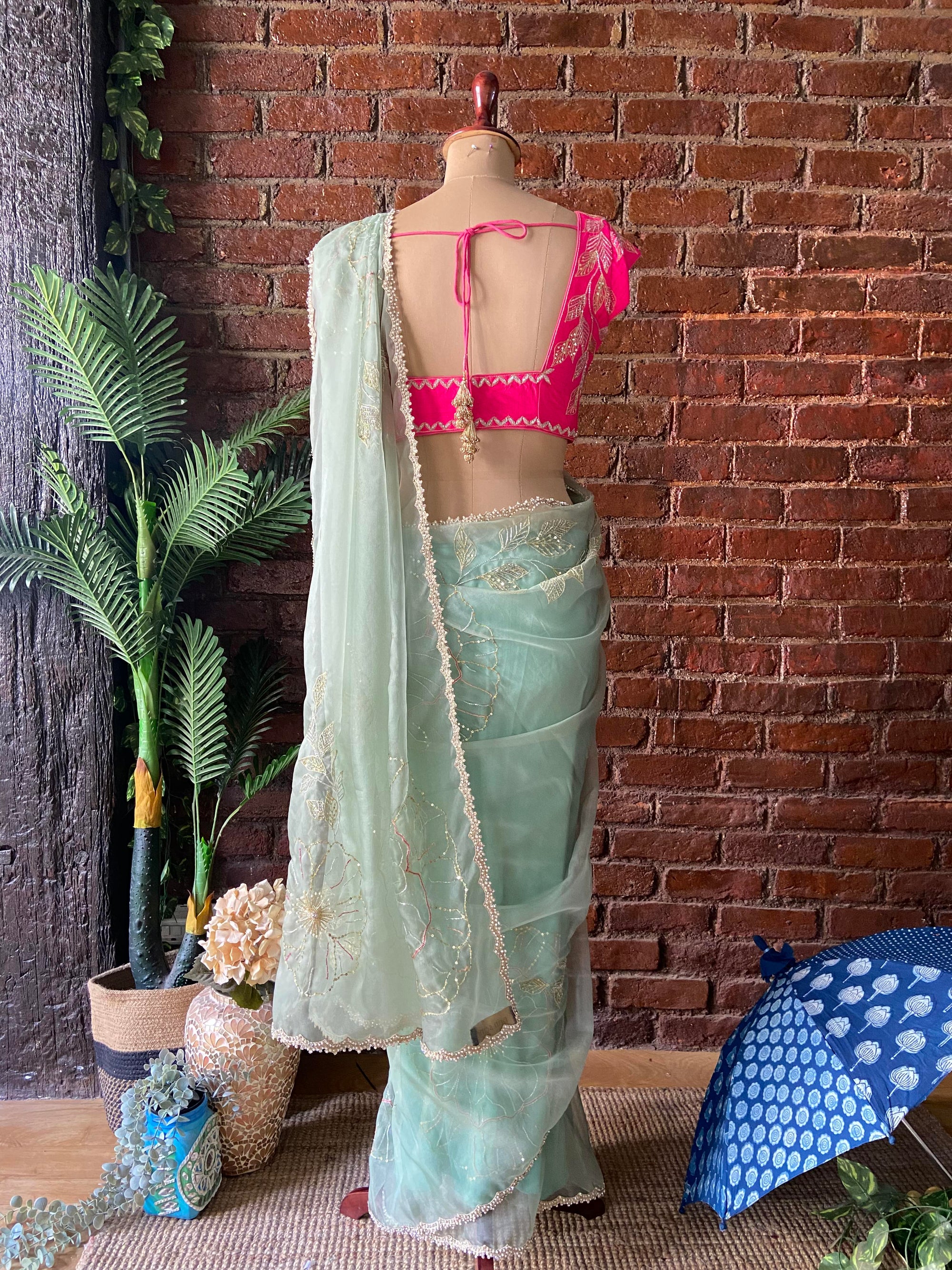 Sage Green Organza Embroidered Saree