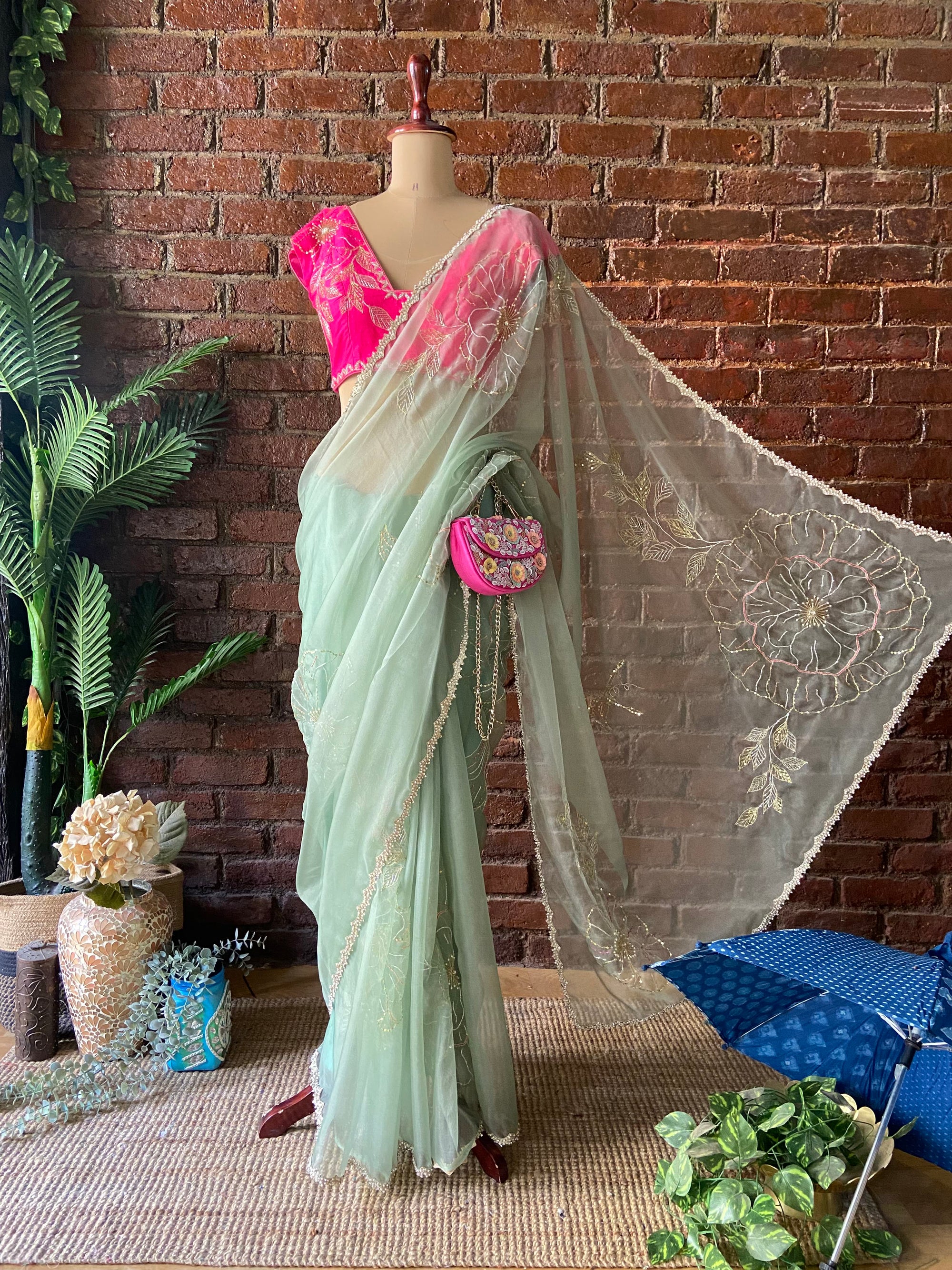 Sage Green Organza Embroidered Saree