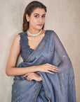 Steel Grey Organza Saree - grey saree USA