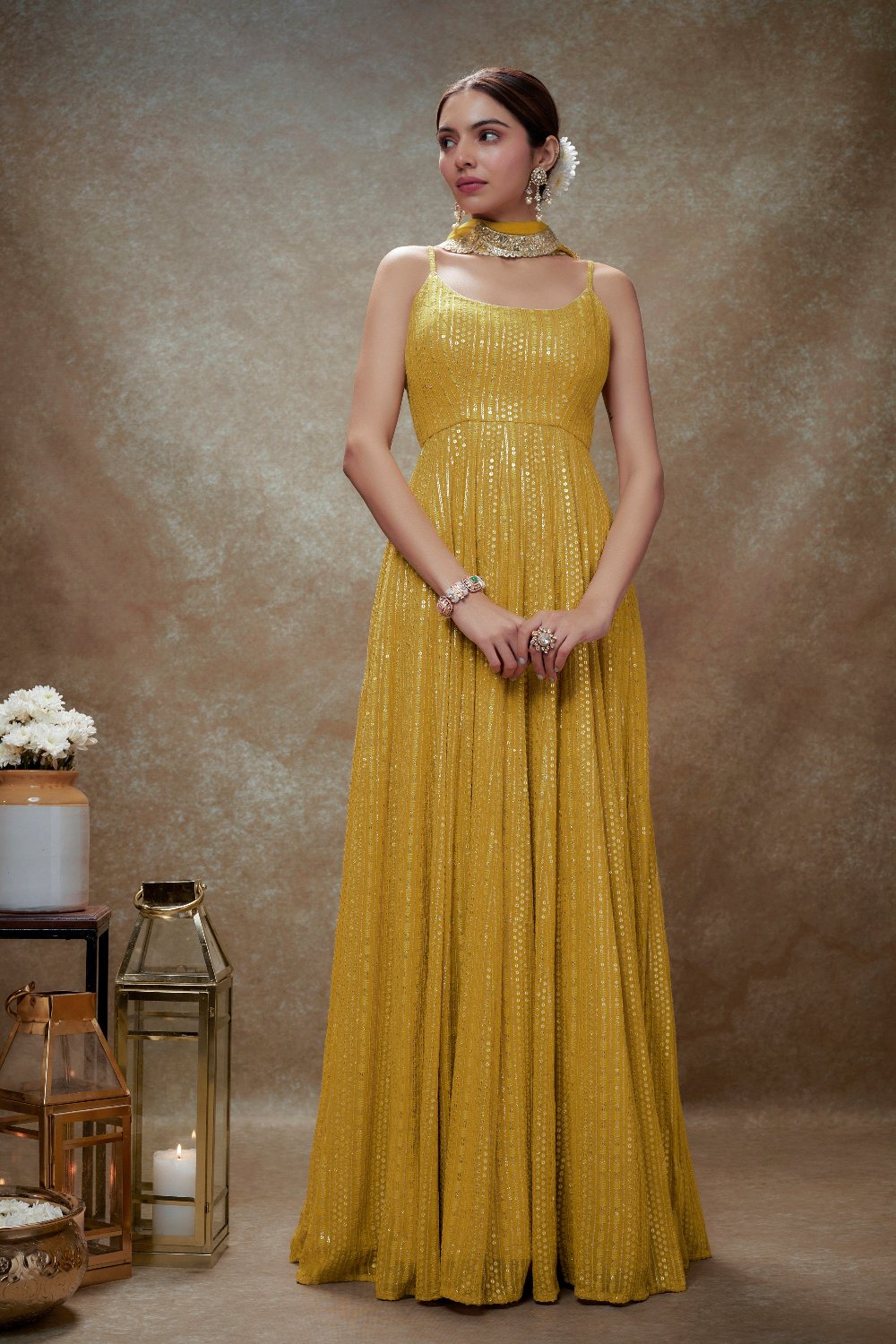 Haldi & Gold Sequin Anarkali Gown - indian ethnic attire for women