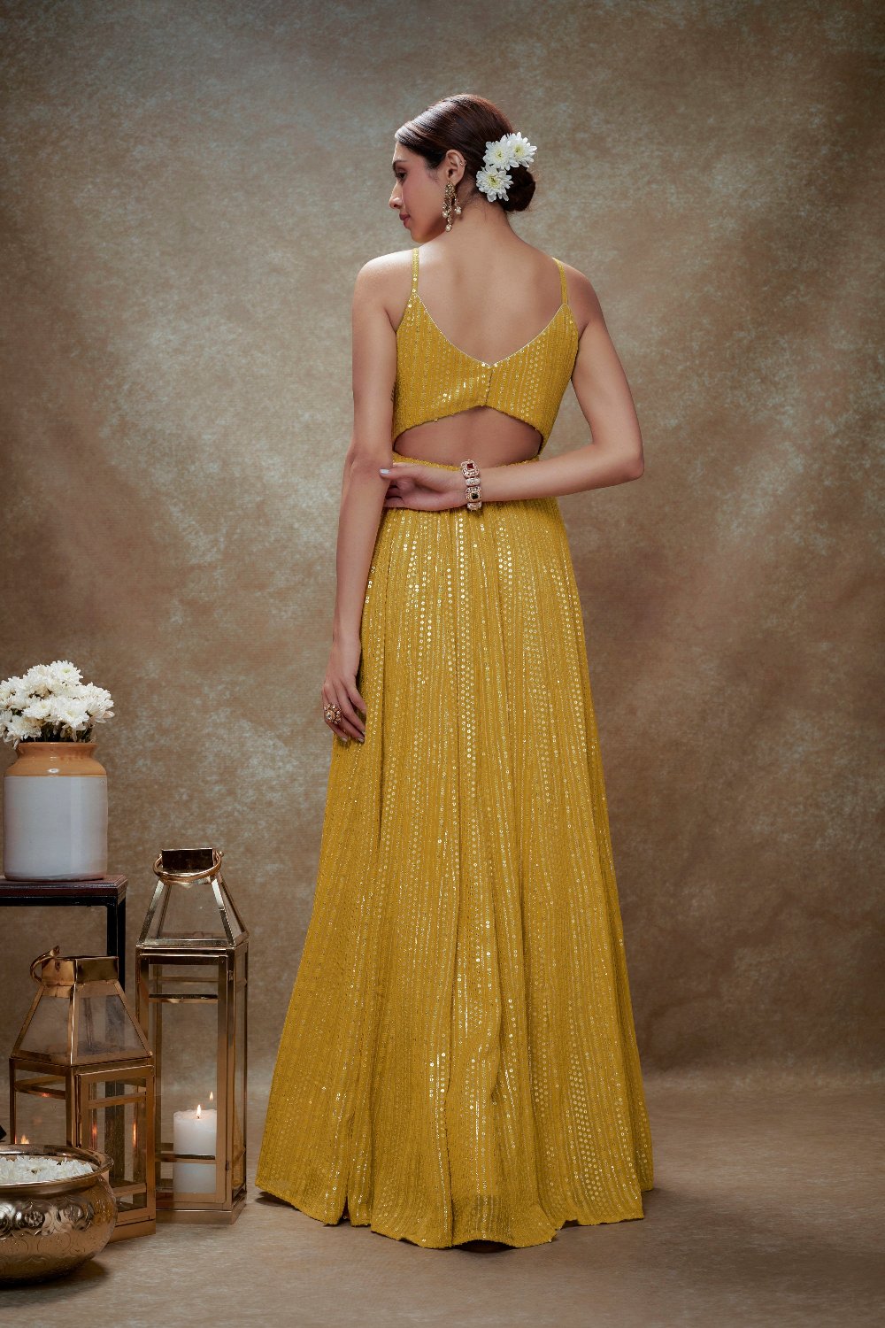 Haldi & Gold Sequin Anarkali Gown - indian ethnic attire for women