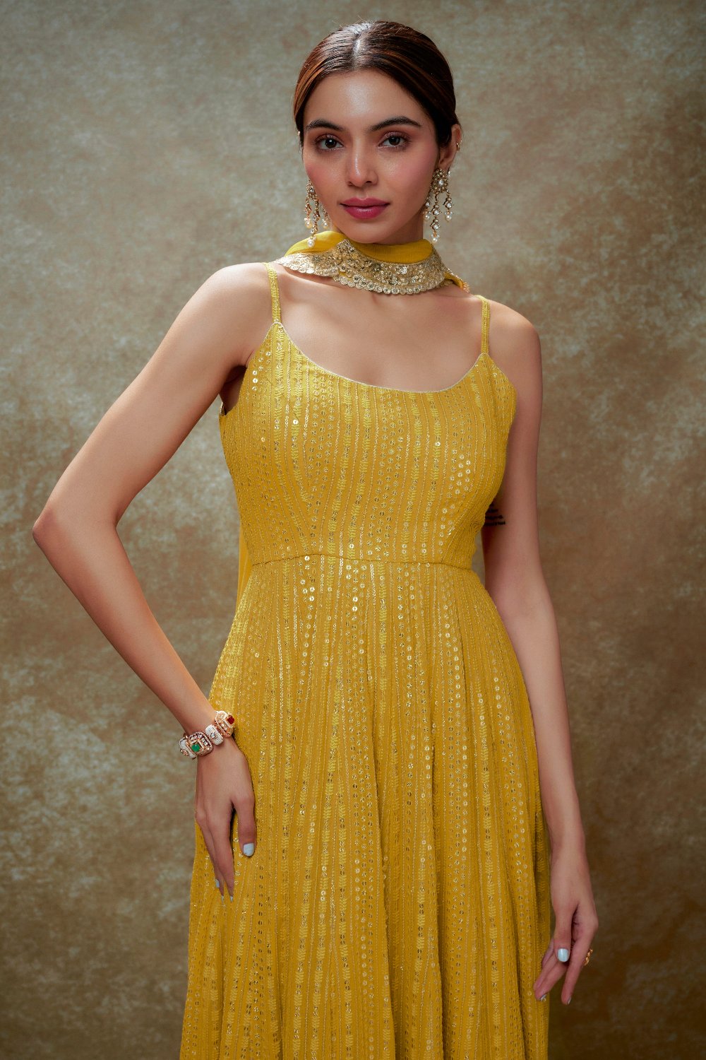 Haldi & Gold Sequin Anarkali Gown - indian ethnic attire for women