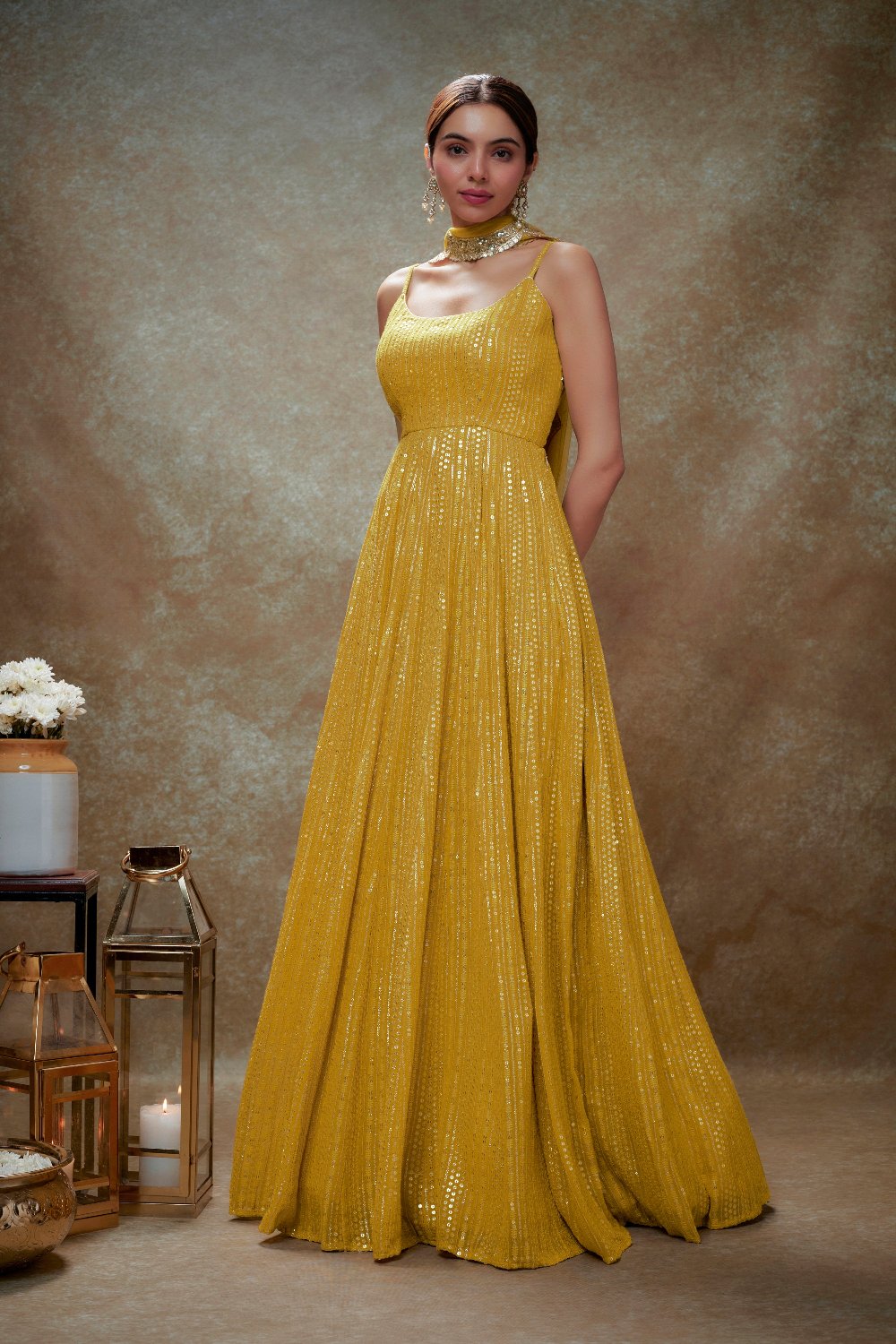 Haldi & Gold Sequin Anarkali Gown - indian ethnic attire for women