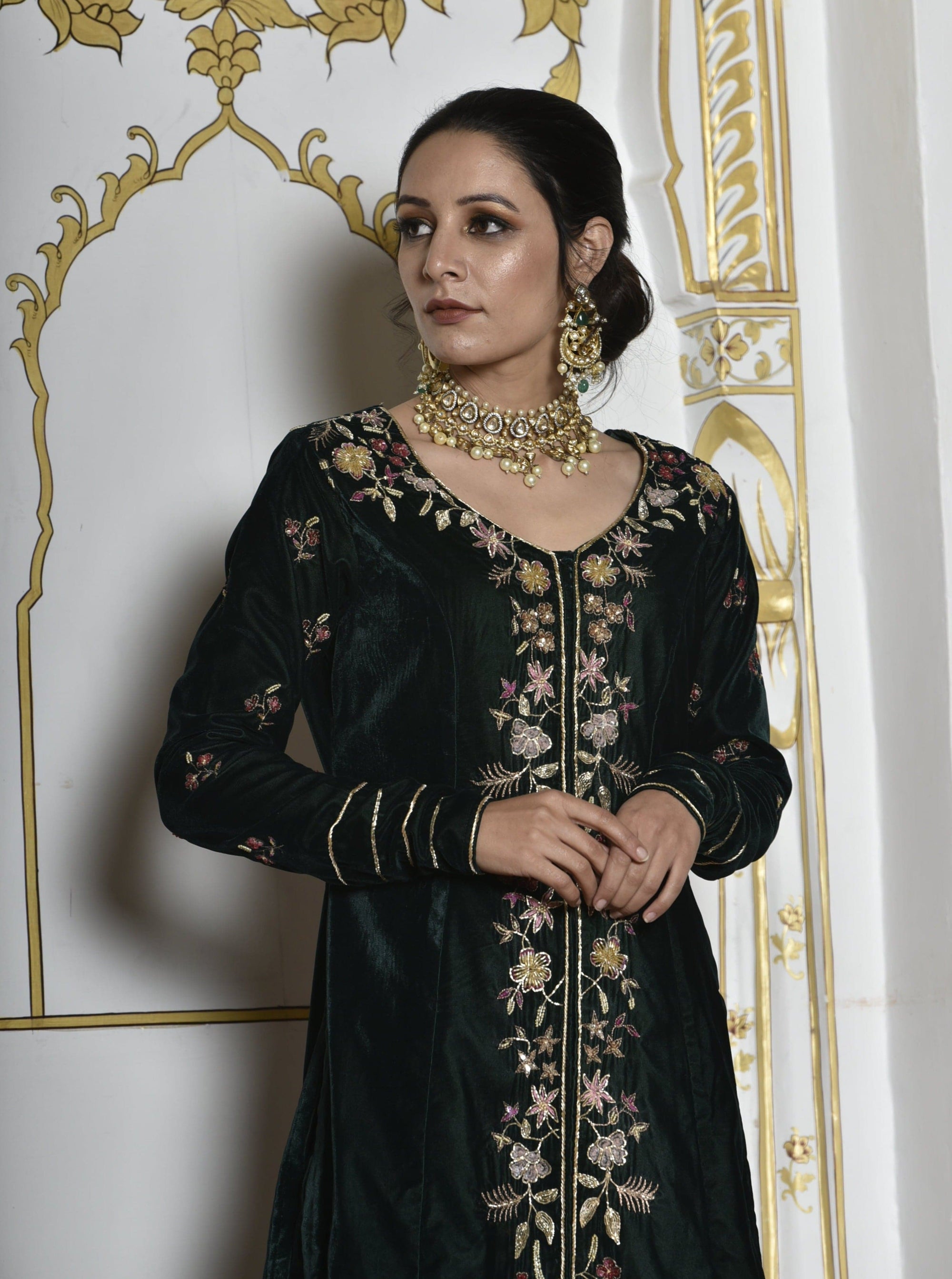 Velvet Deep Green Sherwani Set - indian wear for women Australia