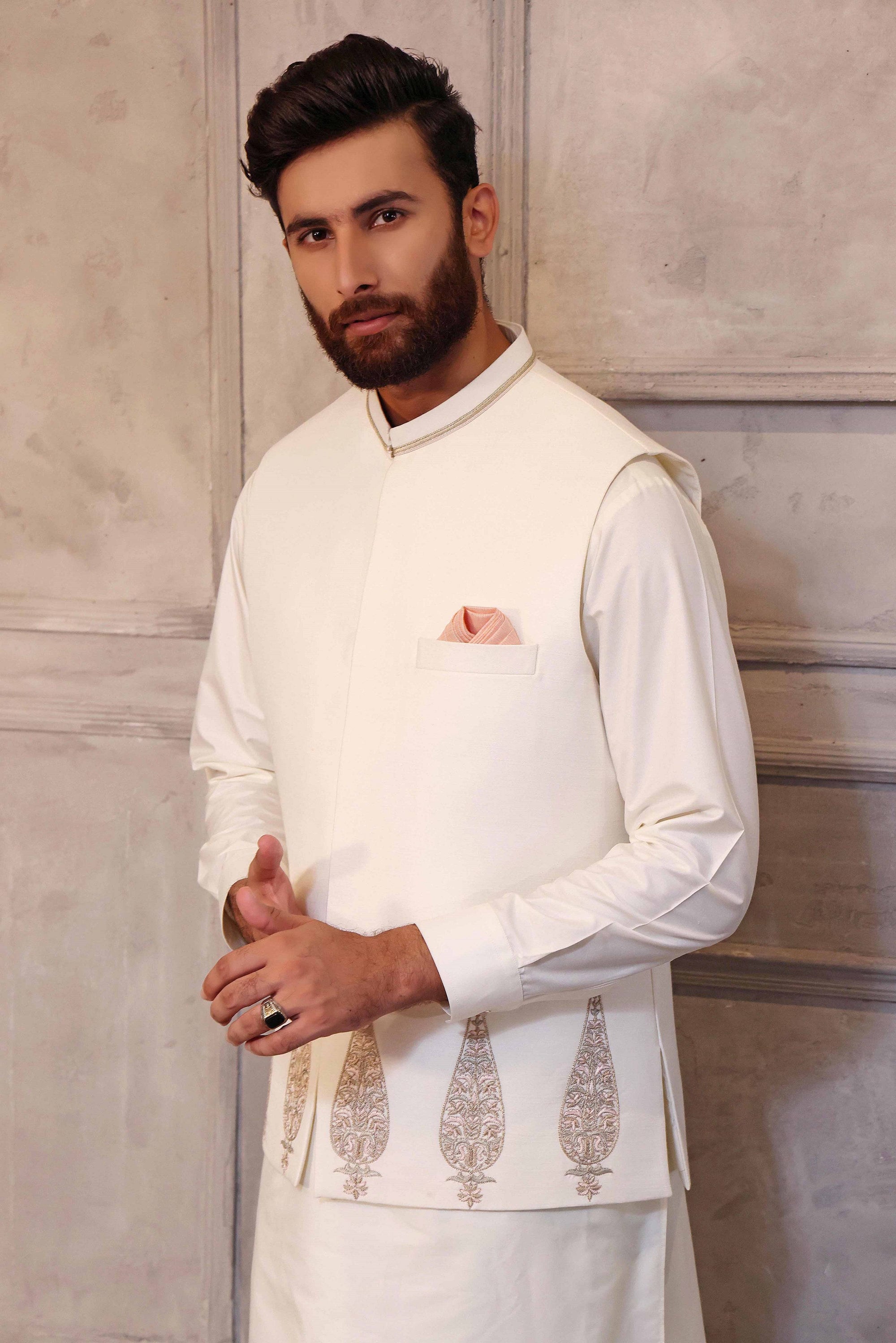 White Kaju-Shaped Design Waistcoat with Matching Raw Silk Suit - indian attire for men New Zealand