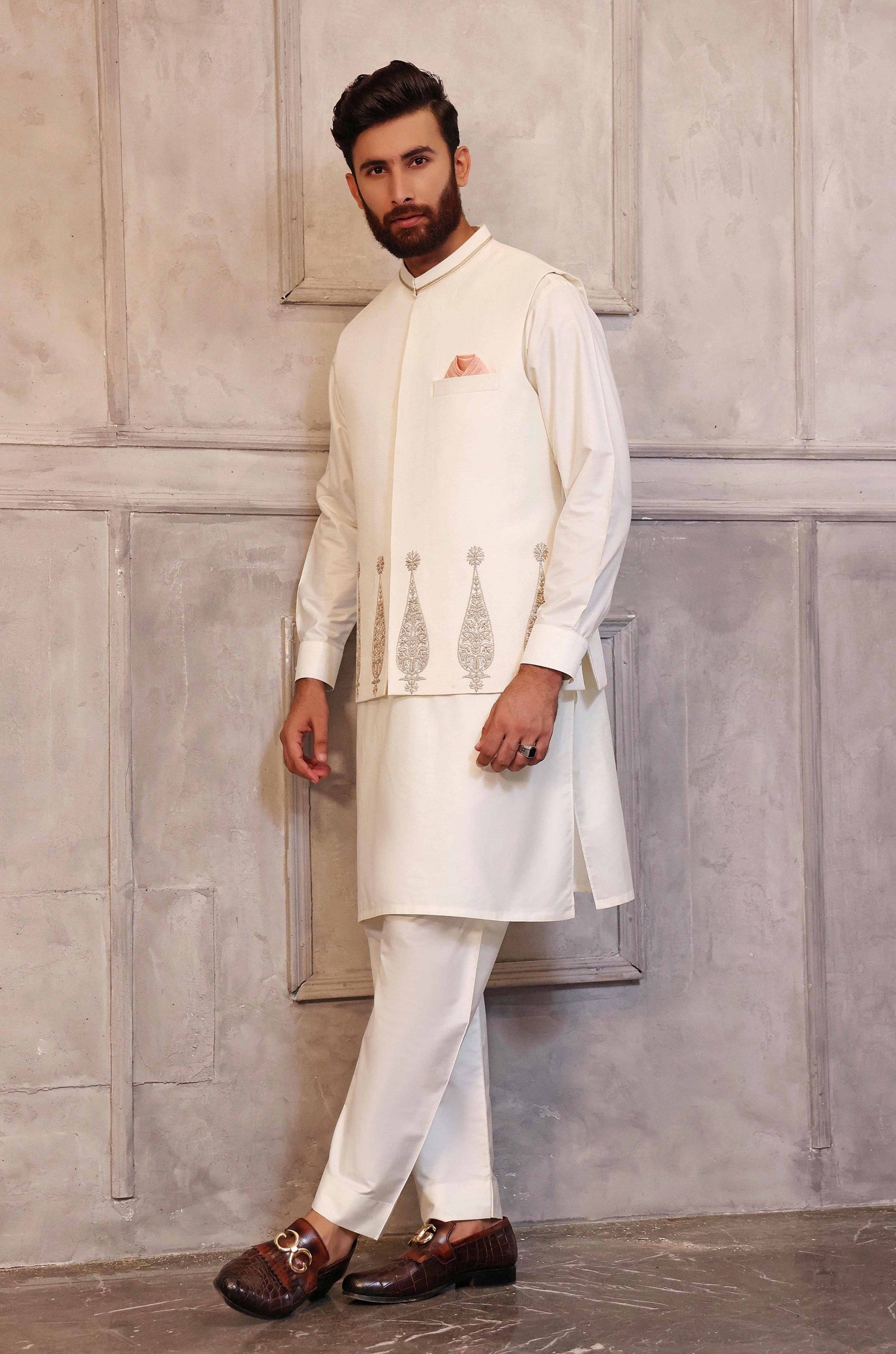 White Kaju-Shaped Design Waistcoat with Matching Raw Silk Suit - indian attire for men New Zealand
