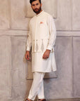 White Kaju-Shaped Design Waistcoat with Matching Raw Silk Suit - indian attire for men New Zealand