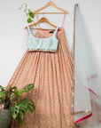 Apricot Peach Lehenga with Sky Blue Blouse and Dupatta