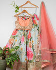 Aqua Floral Lehenga with Apricot Peach Mirror Blouse and Dupatta