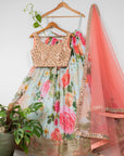 Aqua Floral Lehenga with Apricot Peach Mirror Blouse and Dupatta