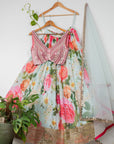 Aqua Floral Lehenga with Watermelon Mirror Blouse and Dupatta