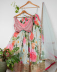 Aqua Floral Lehenga with Watermelon Mirror Blouse and Dupatta