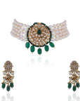 Rice White Pearl Choker with Emerald Green Pendant Set - indian jewelry set Sydney
