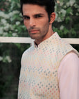 Baby Pink Kurta with White Multi Sequins Bundi and Pants