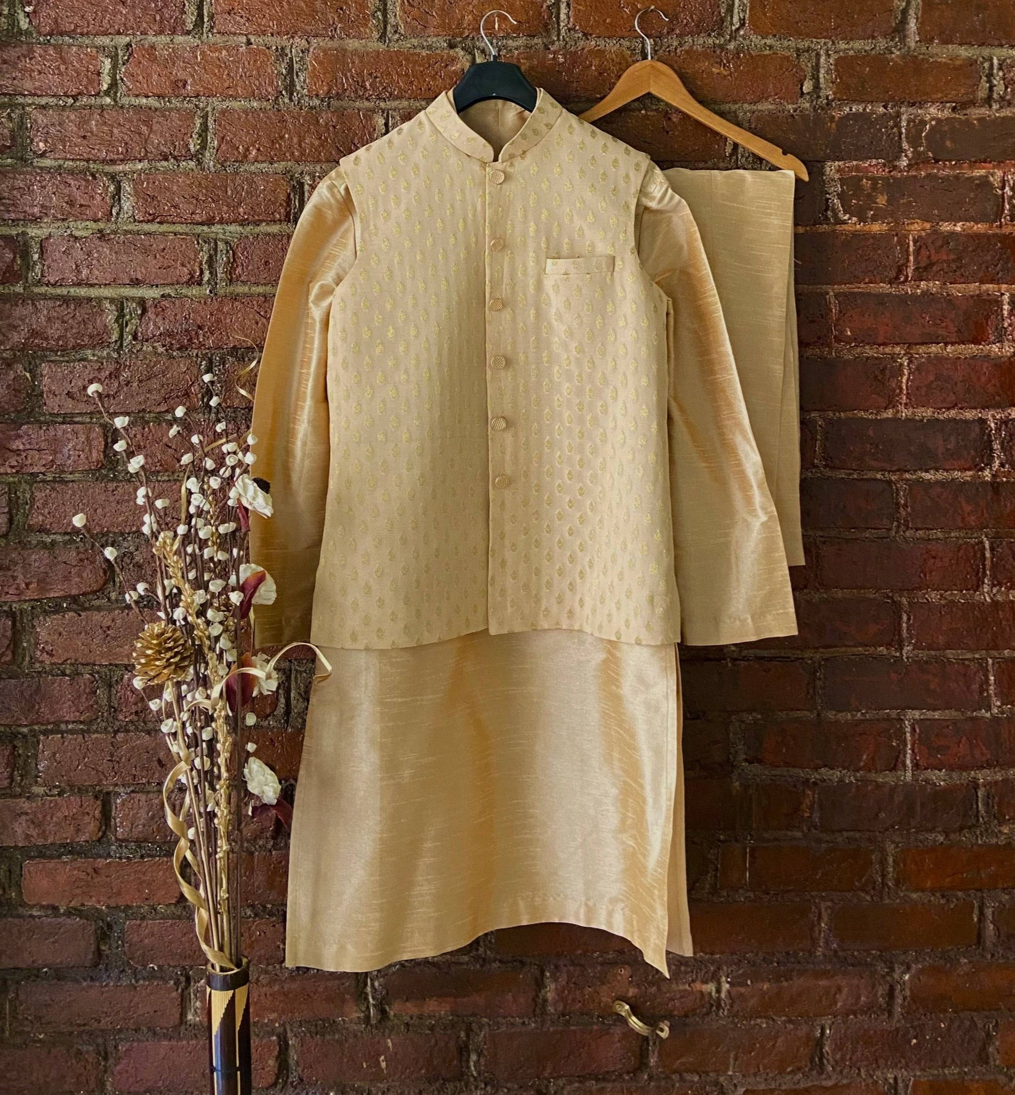 Beige Kurta, Vest and Pant Set - indian garb men