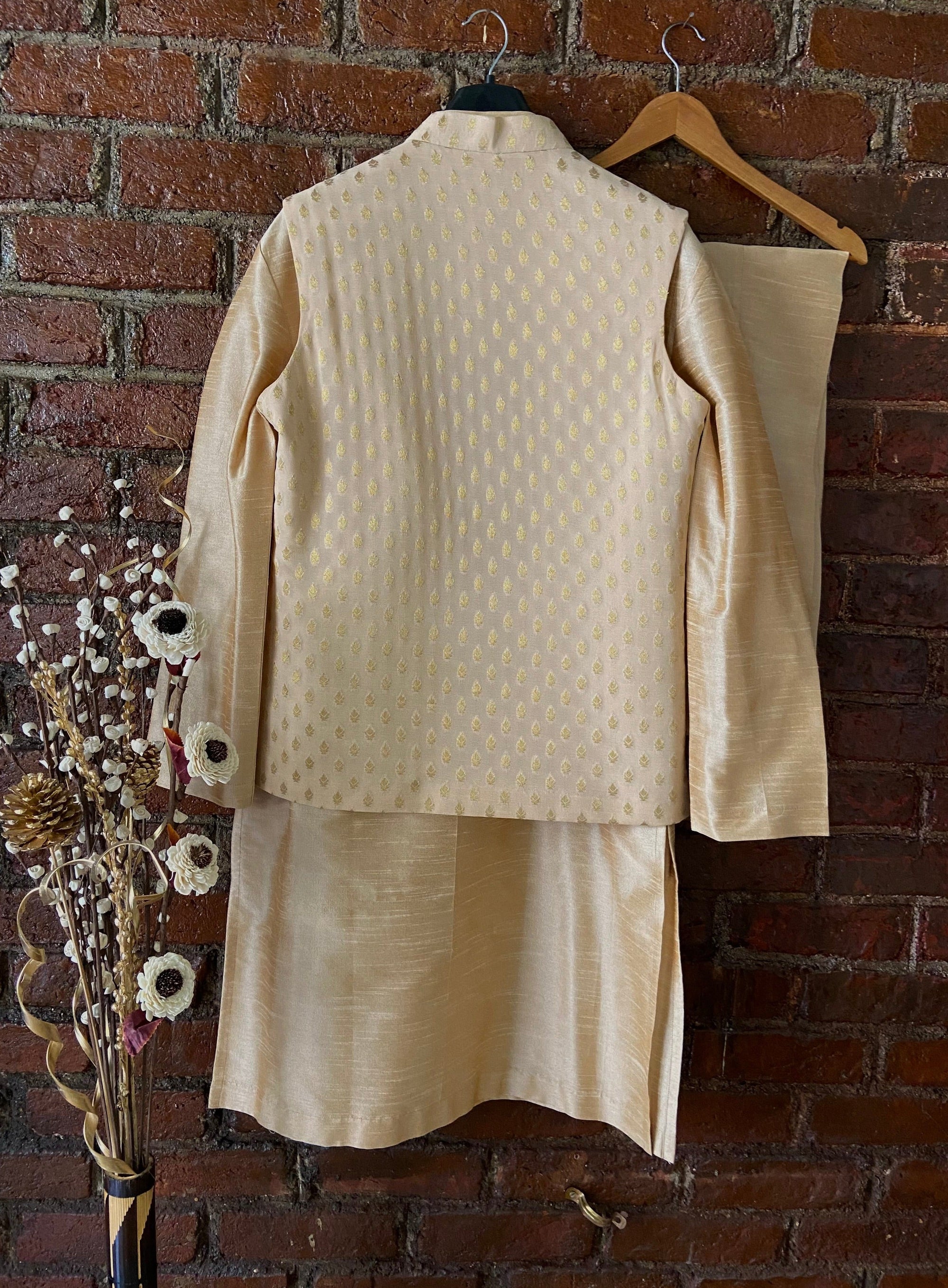 Beige Kurta, Vest and Pant Set