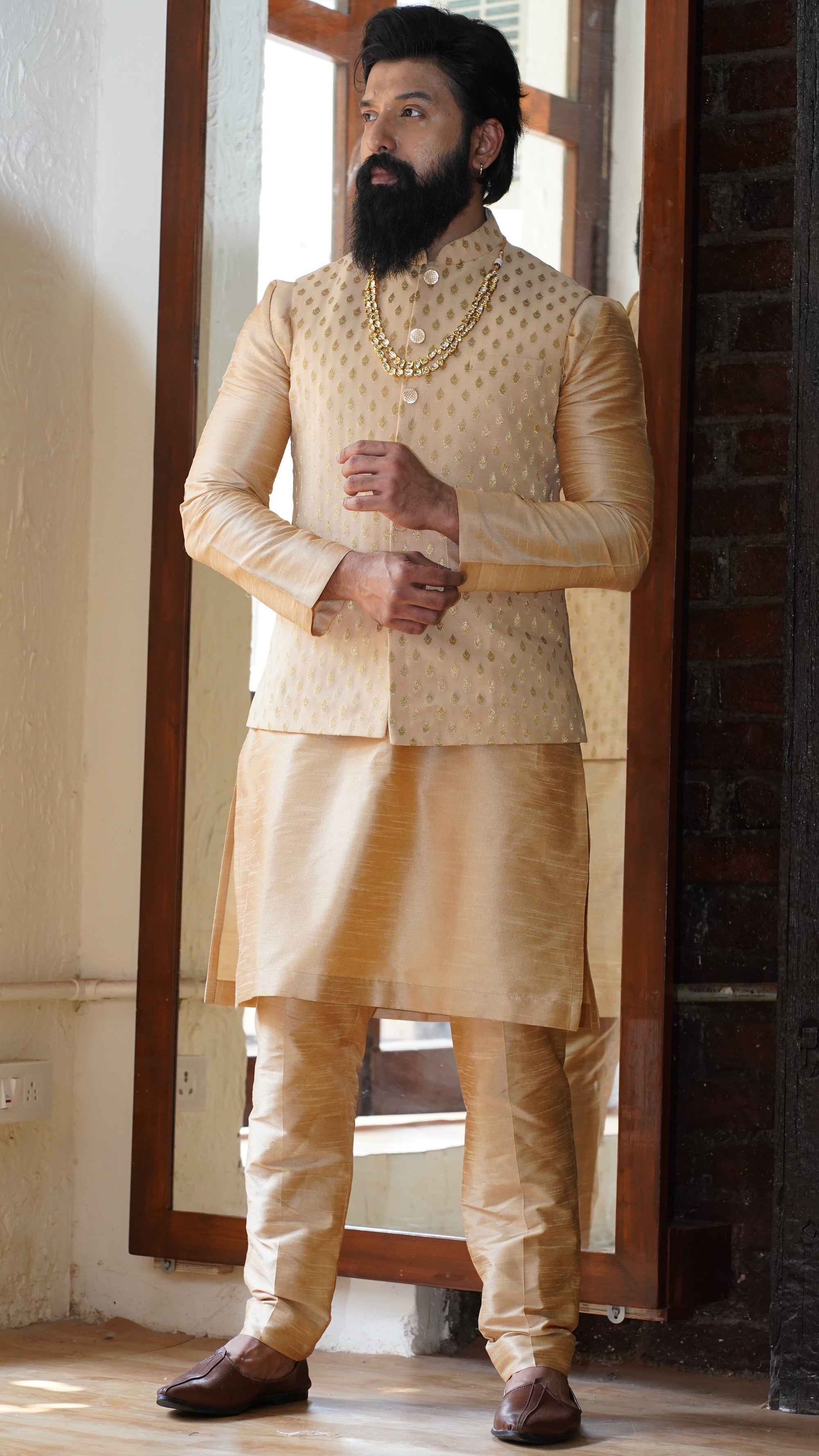 Beige Kurta, Vest and Pant Set