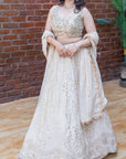 Beige Mukaish and Mirror Work Lehenga Set